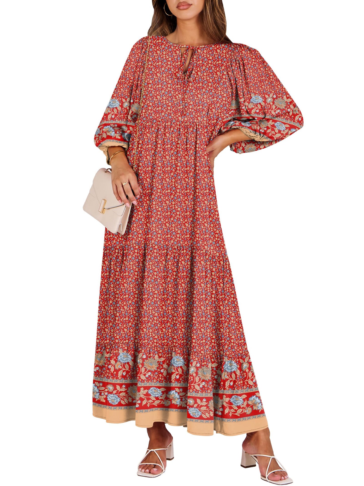 ANRABESS Womens Boho Floral 3/4 Puff Sleeve Maxi Dress | Tiered Flowy Loose Fit, Comfy Soft Rayon Fabric, Wedding Guest Church Beach, Modest Elegant, Spring Summer Fall Outfits