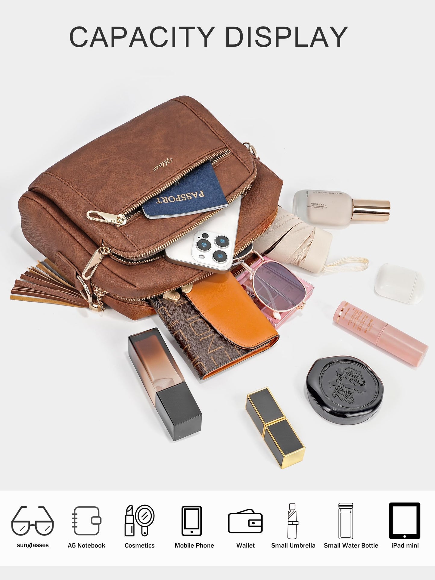 Small Leather Crossbody Bags for Women Anti theft Purses and Handbag Shoulder Hangbag with Wide Strap Tassel