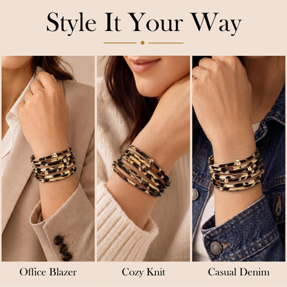 Fesciory Leopard Bracelet for Women, Boho Leather Wrap Multi-Layer Pearl Crystal Bracelet Bangle Jewelry
