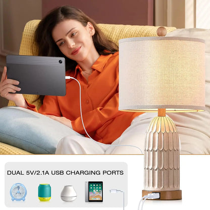 Boho Table Lamps Set of 2, Farmhouse 3-Way Dimmable Touch Nightstand Lamp with 2 USB Charging Ports for Bedroom Living Room