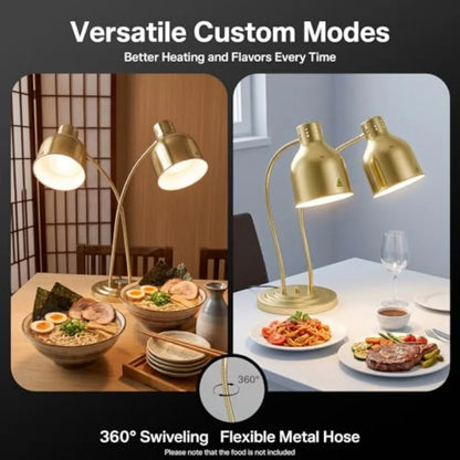 Food Heating Lamp for Buffet Catering Kitchen, Gold Aluminum Alloy, Gold, 2-Head 500W Electric Heat Lamp with 2xE26 Bulbs