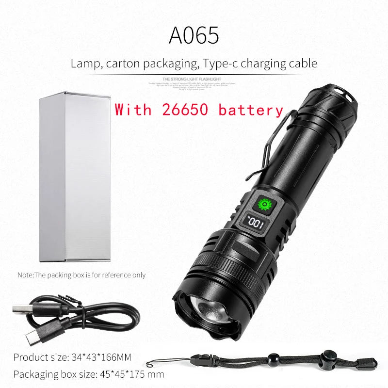 High Power LED Flashlight Type-C USB Rechargeable Long Range Tactical Torch Strong Light Lamp Outdoor Ultra Powerful Flash Light