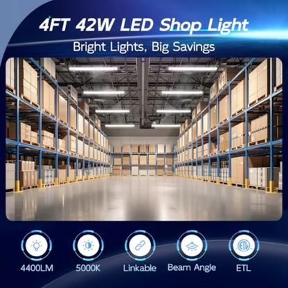 4 Pack Linkable LED Shop Light, 4Feet 42W [250W Equivalent], 4400lm, 5000K Daylight, with Plug, Utility Light Fixture, Hanging