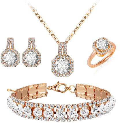 Paxuan 4pcs Cubic Zirconia Wedding Jewelry Sets for Bride Bridesmaid Cubic Zirconia Pendant Necklace Earrings Link Tennis Bracelet Open Ring Set for Women
