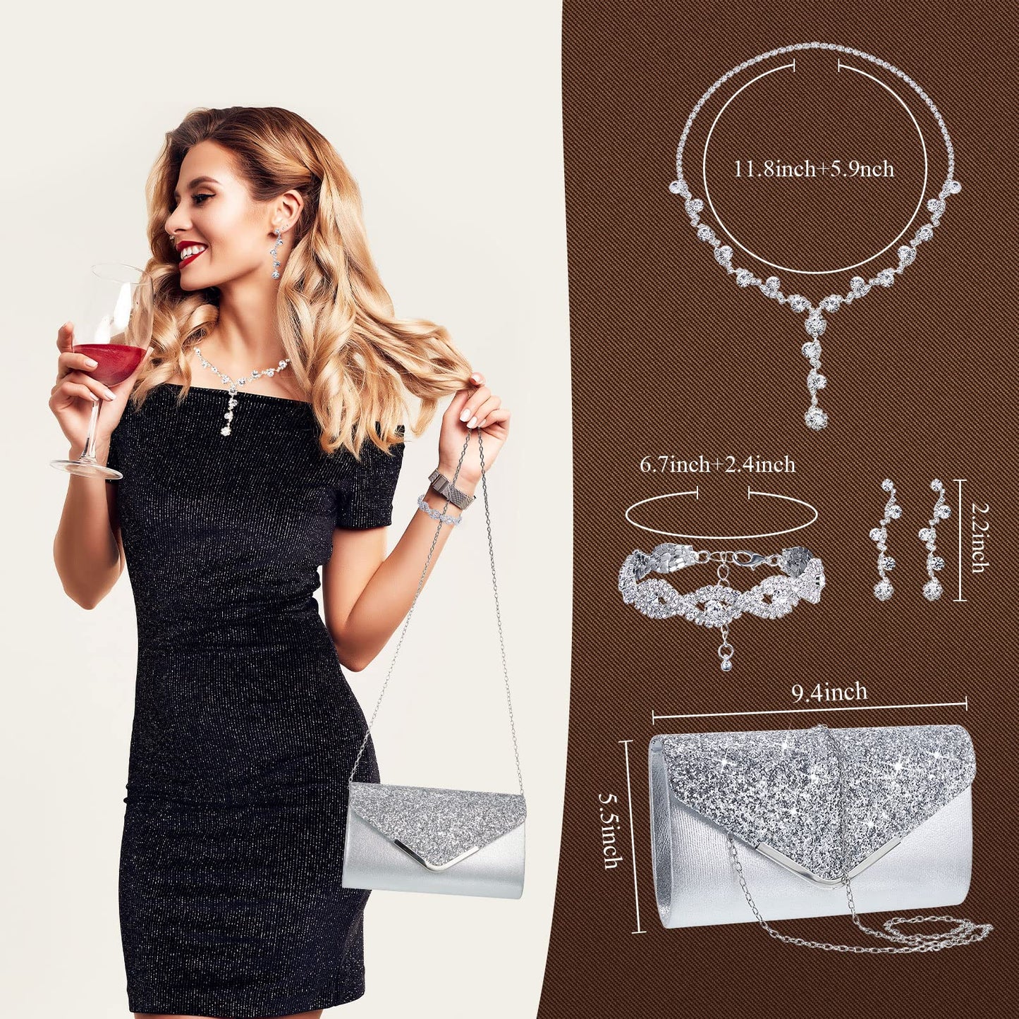Henoyso 5 Pcs Purse Rhinestone Jewelry Set Prom Jewelry Rhinestone Clutch Purse Necklace Earrings Bracelets for Women Bride