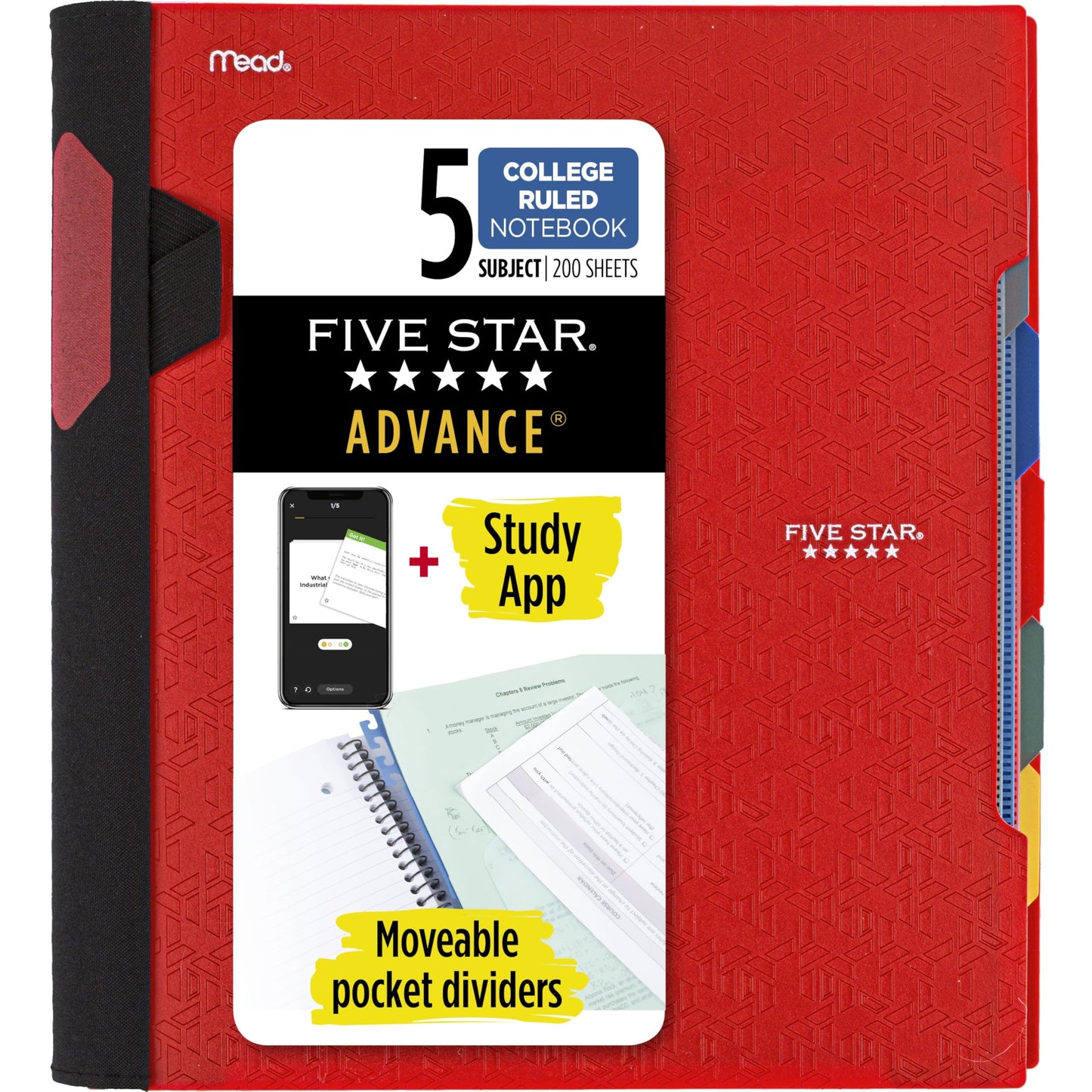 Five Star Advance Spiral Notebook + Study App, 5 Subject, College Ruled Paper, 8-1/2" x 11", 200 Sheets, Spiral Guard, Movable Tabbed Dividers, Black (73144)