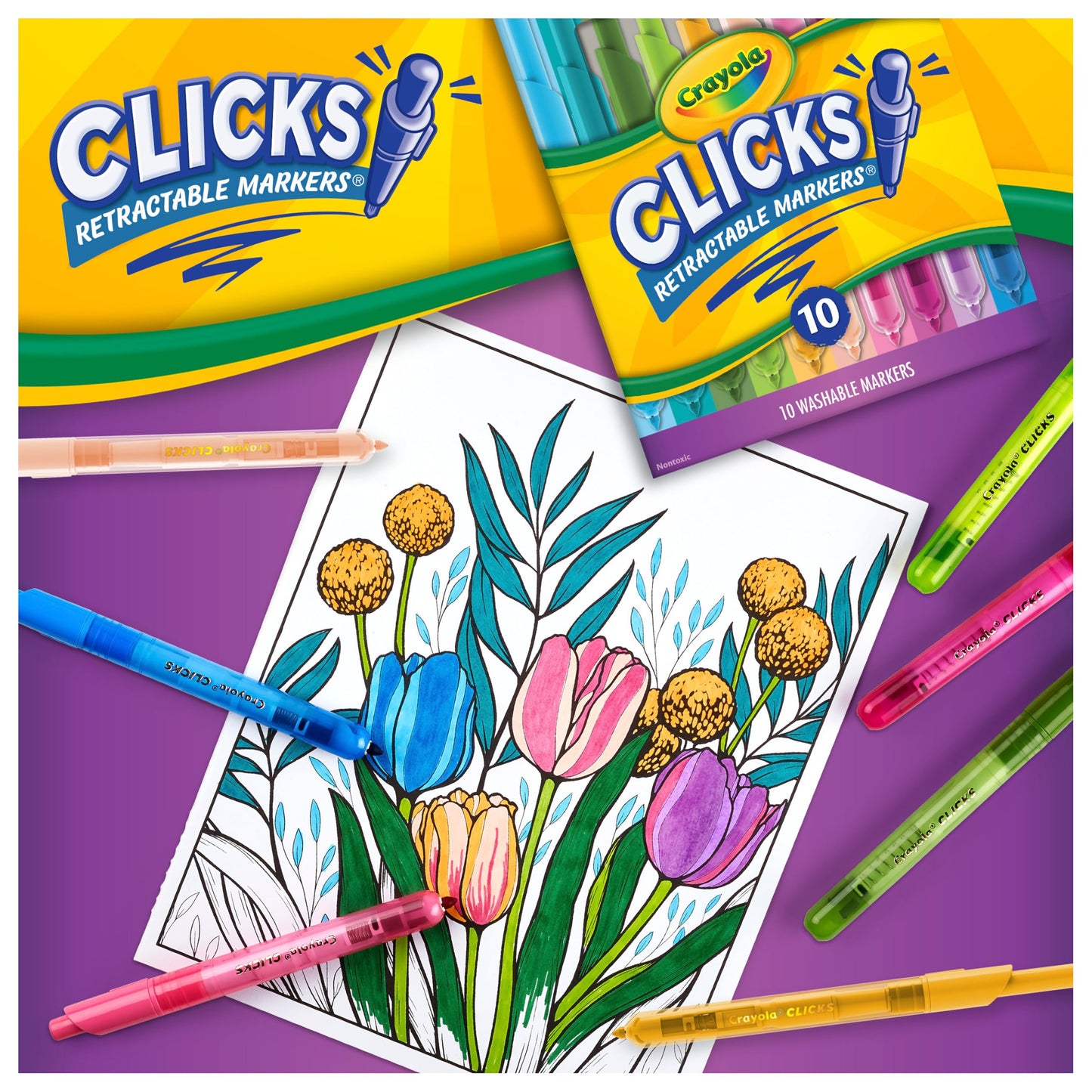 Crayola Clicks Retractable Tip Markers (10ct), Washable Cone Tip Art Marker Set, Cute Aesthetic School Supplies, Classroom Must Haves, Ages 3+