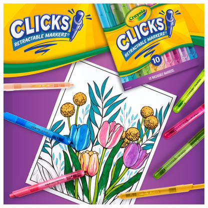 Crayola Clicks Retractable Tip Markers (10ct), Washable Cone Tip Art Marker Set, Cute Aesthetic School Supplies, Classroom Must Haves, Ages 3+