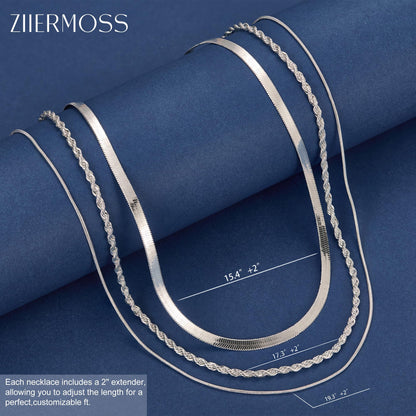 3PCS Gold Necklaces for Women,Chunky Statement Gold Plated Necklace Stack Layered Sterling Silver Herringbone Chains for Women Dainty Trendy Silver Chains Stacked Jewelry Gifts