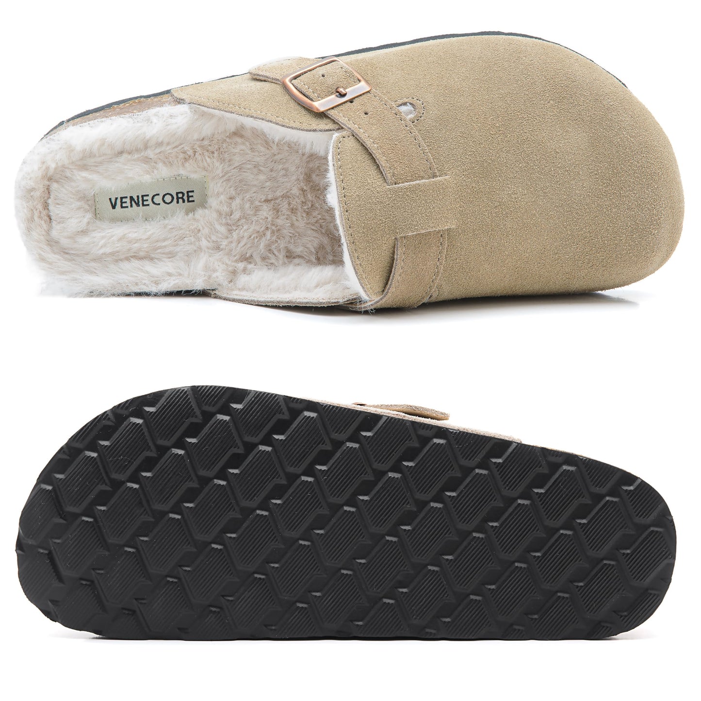 Erica Women's Cork Footbed Clogs Genuine Soft Suede Fuzzy Faux Fur Lined Comfort Cushioned Mule Slide Shoes