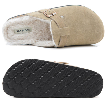 Erica Women's Cork Footbed Clogs Genuine Soft Suede Fuzzy Faux Fur Lined Comfort Cushioned Mule Slide Shoes