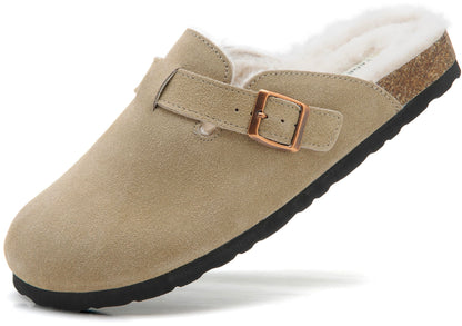 Erica Women's Cork Footbed Clogs Genuine Soft Suede Fuzzy Faux Fur Lined Comfort Cushioned Mule Slide Shoes