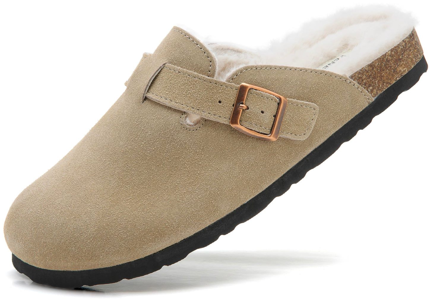 Erica Women's Cork Footbed Clogs Genuine Soft Suede Fuzzy Faux Fur Lined Comfort Cushioned Mule Slide Shoes