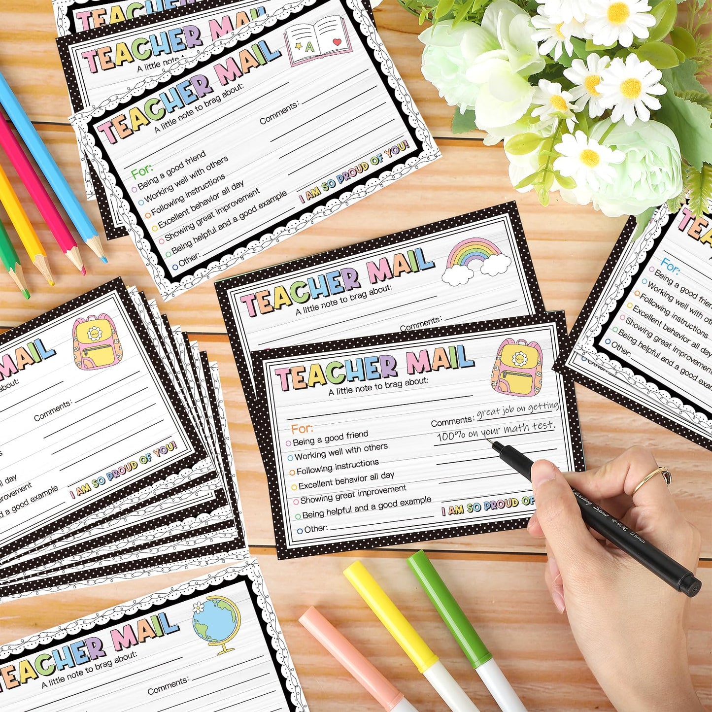 60Pcs Teacher Mail Notes to Parents, Boho Happy Mail from Teacher, Brag Cards for Students Behavior Classroom Must Haves to Send Home for Preschool Kindergarten Elementary School Supplies (Boho)