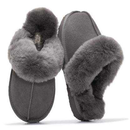 Project Cloud Genuine Leather Slippers for Women with Genuine Fur Lining, Non-Slip Indoor/Outdoor Clog Mule Slippers, Memory Foam Insole