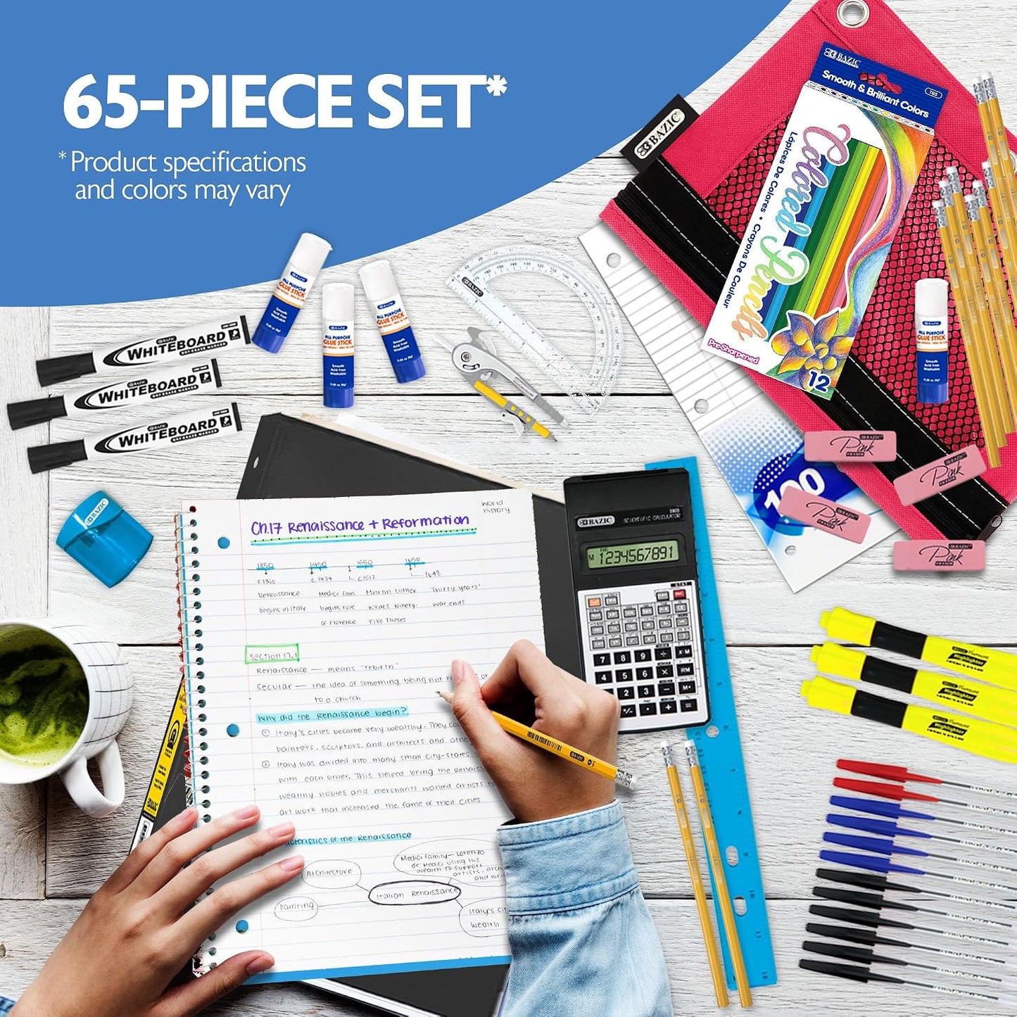 BAZIC PRODUCTS 65-Piece Middle & High School Kit, Math & Geometry, 65-Case | bundles writing, geometry tools in