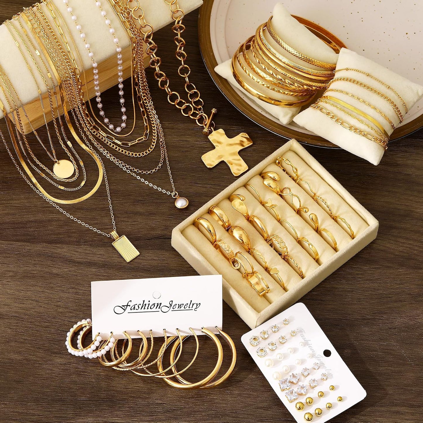 FANDY 137 Pieces Gold Jewelry Set for Women, 12 Necklace, 14 Bracelet, 21 Earrings, 24 Knuckle Rings, 66 Hair Accessory Gold Plated Jewelry Set for Women Gift