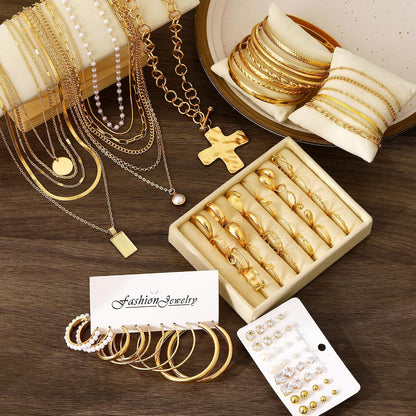 FANDY 137 Pieces Gold Jewelry Set for Women, 12 Necklace, 14 Bracelet, 21 Earrings, 24 Knuckle Rings, 66 Hair Accessory Gold Plated Jewelry Set for Women Gift