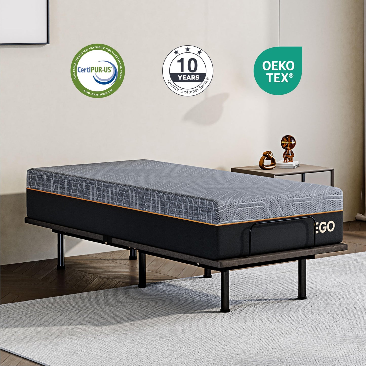 Dyonery Twin XL Adjustable Bed Base Frame with Wireless Remote + 12 Inch Twin XL Gel Memory Foam Mattress Bed in a Box, Head and Foot Incline, Zero Gravity, Fiberglass Free, 80" × 38"