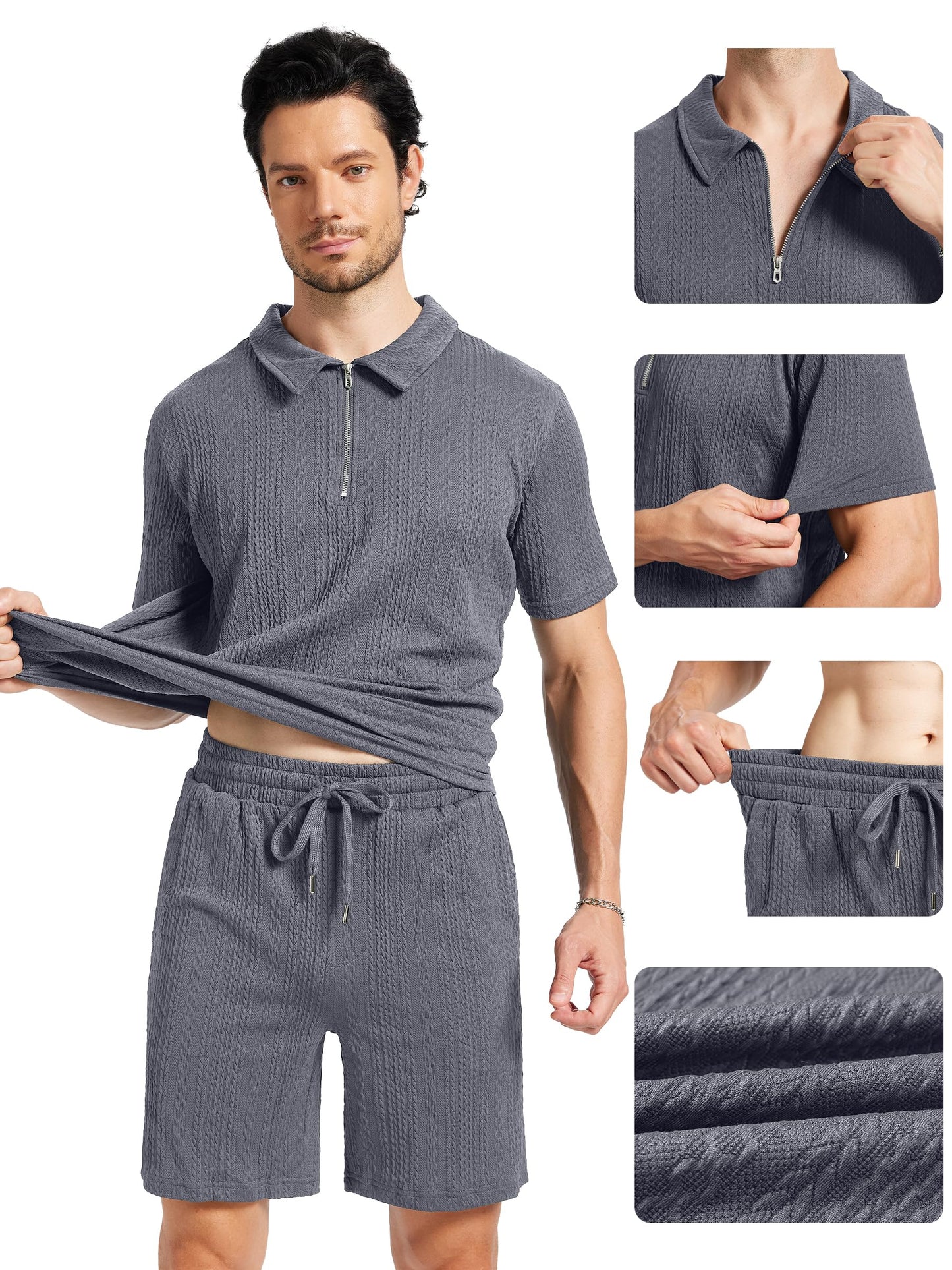 yuyangdpb Men's 2 Piece Summer Vacation Outfits Polo Shirt & Shorts Set | Breathable Textured Knit Fabric, Stretchy, Soft, Moisture-wicking, Lightweight, Ideal for Beach Casual Tracksuit, M-2XL