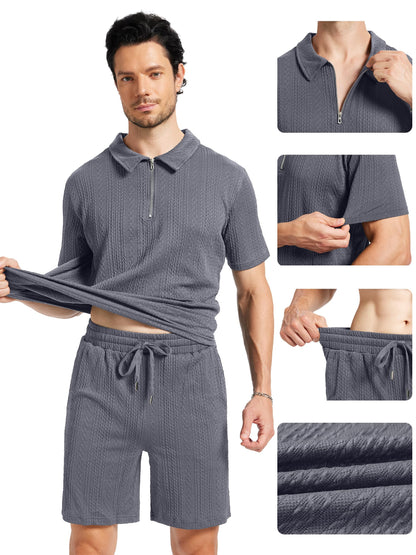 yuyangdpb Men's 2 Piece Summer Vacation Outfits Polo Shirt & Shorts Set | Breathable Textured Knit Fabric, Stretchy, Soft, Moisture-wicking, Lightweight, Ideal for Beach Casual Tracksuit, M-2XL