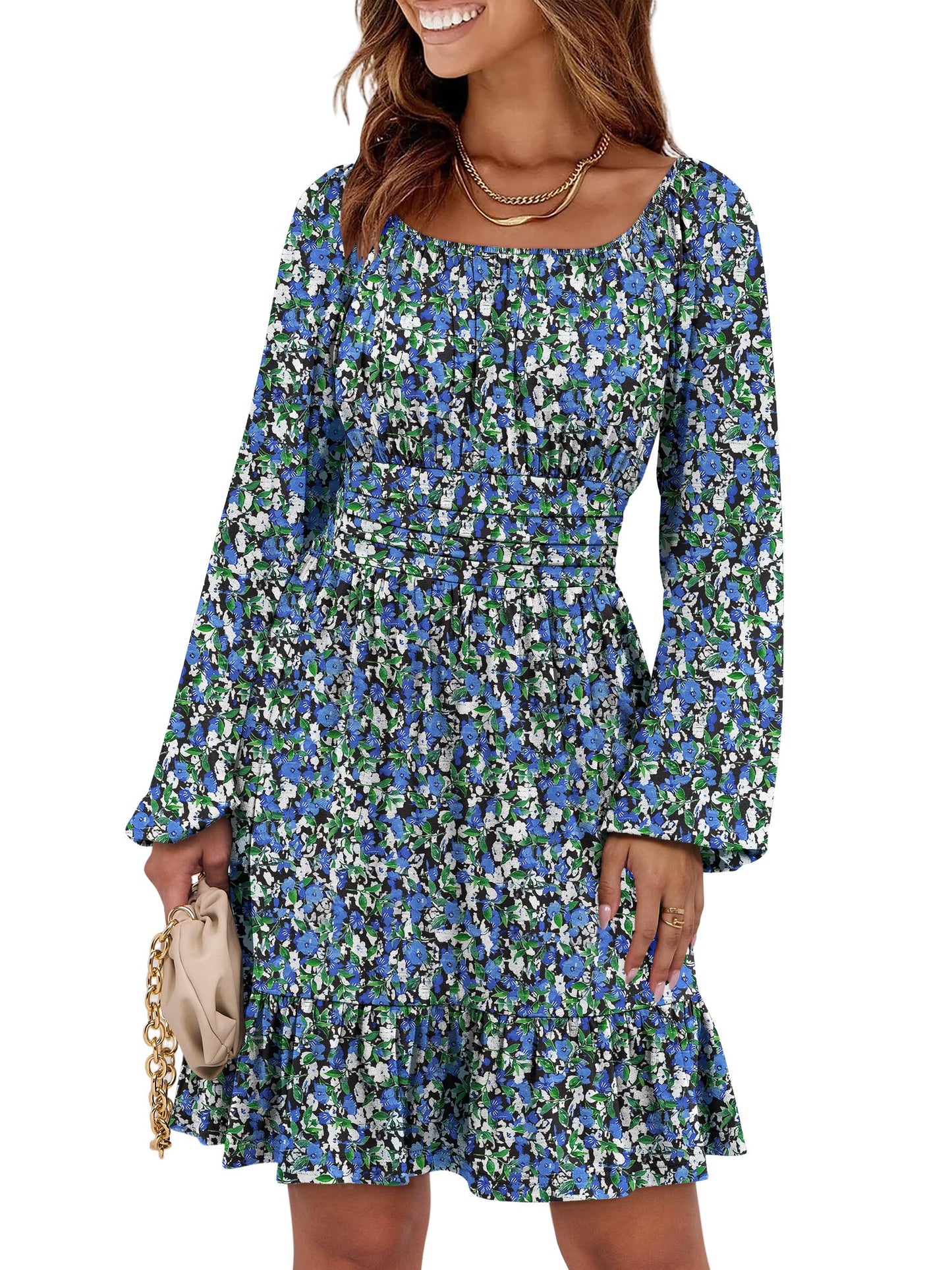 ANRABESS Womens Dress Long Lantern Sleeve Square Neck Elastic Waist Ruffle Flowy Swing A-Line Short Dresses 2026 Fall Fashion