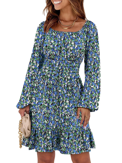 ANRABESS Womens Dress Long Lantern Sleeve Square Neck Elastic Waist Ruffle Flowy Swing A-Line Short Dresses 2026 Fall Fashion