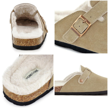 Erica Women's Cork Footbed Clogs Genuine Soft Suede Fuzzy Faux Fur Lined Comfort Cushioned Mule Slide Shoes