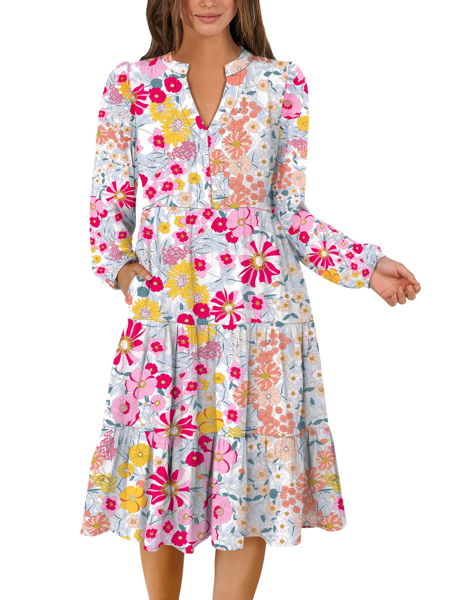 ANRABESS Womens V Neck Long Sleeve Midi Dress | Swing Flowy Tiered with Pockets, Soft Fabric, Boho Beach Vacation Dresses, Loose Fit Casual, Fall Winter Transition Clothes