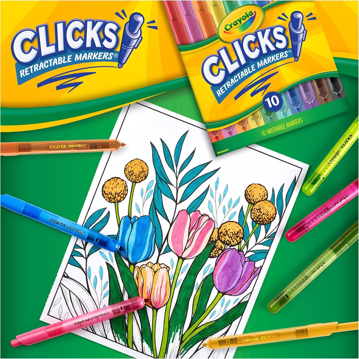 Crayola Clicks Retractable Tip Markers (10ct), Washable Cone Tip Art Marker Set, Cute Aesthetic School Supplies, Classroom Must Haves, Ages 3+