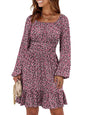 ANRABESS Womens Dress Long Lantern Sleeve Square Neck Elastic Waist Ruffle Flowy Swing A-Line Short Dresses 2026 Fall Fashion