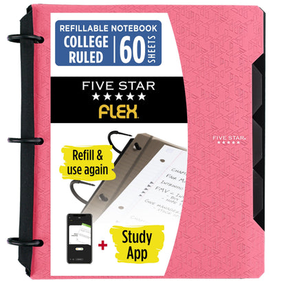 Five Star Flex Refillable Notebook + Study App 1 Inch O-Rings Binder with Pockets Tabs and Dividers, 220 Sheet Capacity, Includes 60 Sheets 8.5" x 11" College Ruled Paper, Amethyst (29328AB6)