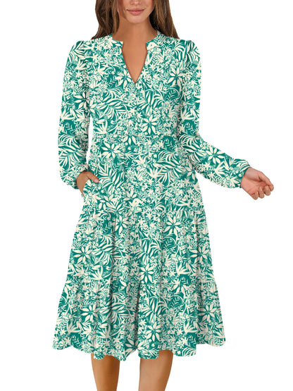 ANRABESS Womens V Neck Long Sleeve Midi Dress | Swing Flowy Tiered with Pockets, Soft Fabric, Boho Beach Vacation Dresses, Loose Fit Casual, Fall Winter Transition Clothes