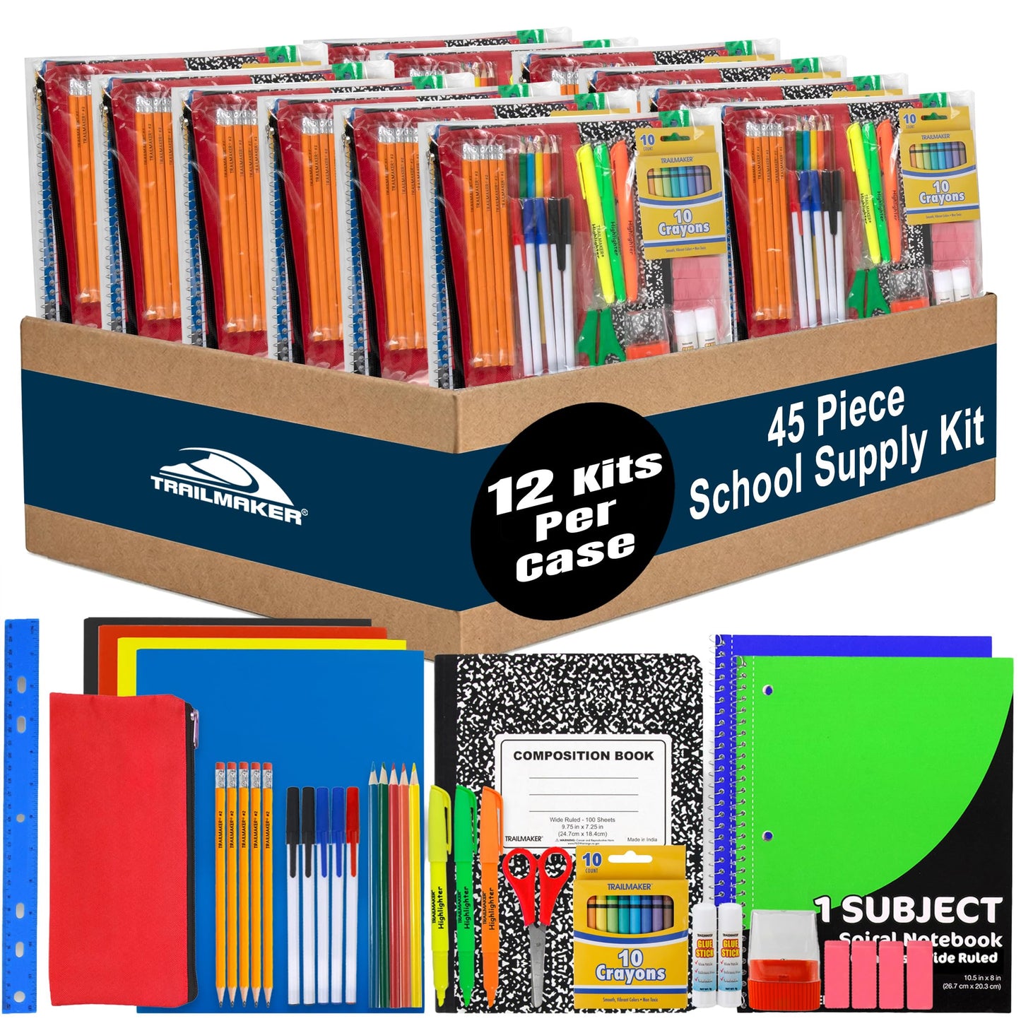 Trail maker School Supplies Kit 45 Piece School Supply Kit Grades K-12 – Back to School Essentials Includes Folders Notebooks Pencils Pens and Much More!