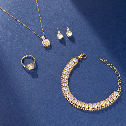 Paxuan 4pcs Cubic Zirconia Wedding Jewelry Sets for Bride Bridesmaid Cubic Zirconia Pendant Necklace Earrings Link Tennis Bracelet Open Ring Set for Women