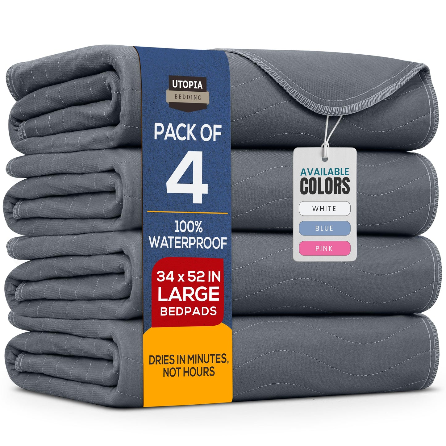 Utopia Bedding Washable Underpads 34" x 36" (Pack of 4), Waterproof Reusable Heavy Absorbency Incontinence Bed Pads for Adults, Kids, Elderly and Pets, Bedwetting Pads for Sofa and Couch (Blue)