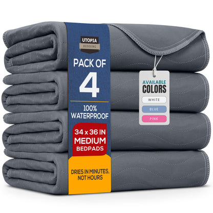 Utopia Bedding Washable Underpads 34" x 36" (Pack of 4), Waterproof Reusable Heavy Absorbency Incontinence Bed Pads for Adults, Kids, Elderly and Pets, Bedwetting Pads for Sofa and Couch (Blue)