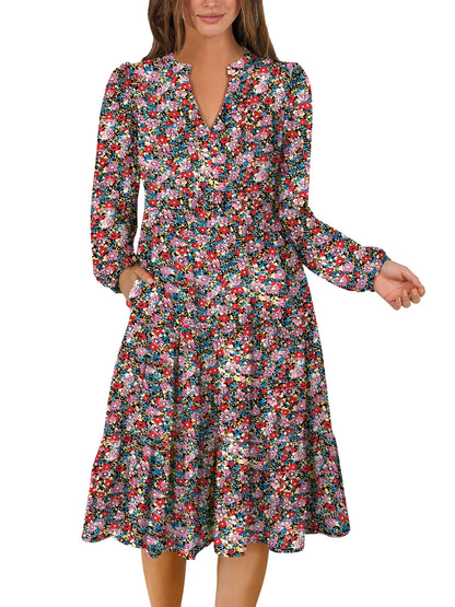 ANRABESS Womens V Neck Long Sleeve Midi Dress | Swing Flowy Tiered with Pockets, Soft Fabric, Boho Beach Vacation Dresses, Loose Fit Casual, Fall Winter Transition Clothes