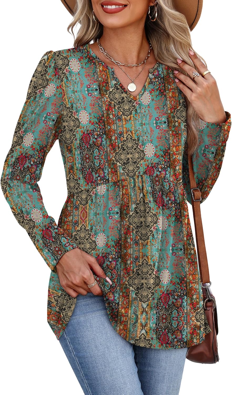 WIHOLL Western Shirts for Women Long Sleeve Tunic Tops Boho Fall Fashion Cowgirl Outfits Country Concert Vacation Ethnic Print L