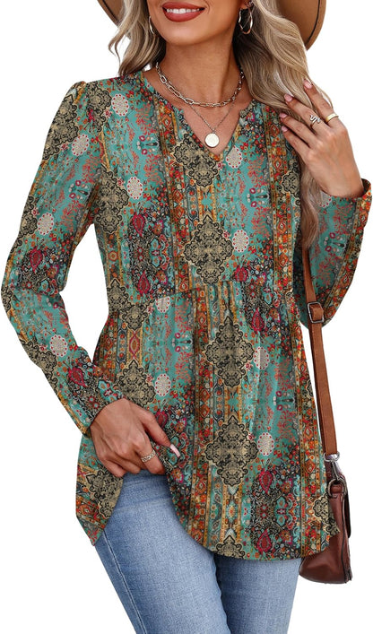 WIHOLL Western Shirts for Women Long Sleeve Tunic Tops Boho Fall Fashion Cowgirl Outfits Country Concert Vacation Ethnic Print L