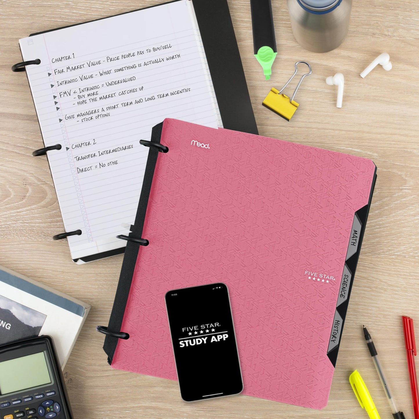 Five Star Flex Refillable Notebook + Study App 1 Inch O-Rings Binder with Pockets Tabs and Dividers, 220 Sheet Capacity, Includes 60 Sheets 8.5" x 11" College Ruled Paper, Amethyst (29328AB6)