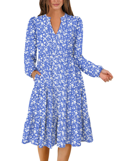 ANRABESS Womens V Neck Long Sleeve Midi Dress | Swing Flowy Tiered with Pockets, Soft Fabric, Boho Beach Vacation Dresses, Loose Fit Casual, Fall Winter Transition Clothes