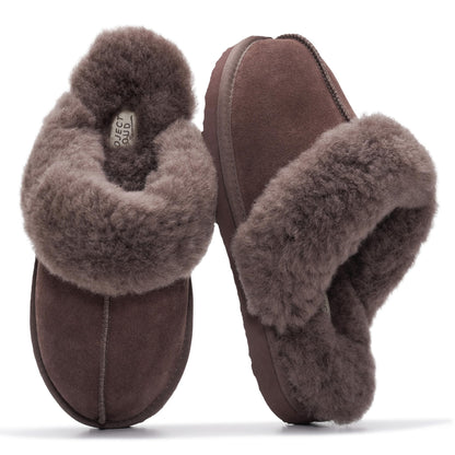 Project Cloud Genuine Leather Slippers for Women with Genuine Fur Lining, Non-Slip Indoor/Outdoor Clog Mule Slippers, Memory Foam Insole