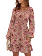 ANRABESS Womens Dress Long Lantern Sleeve Square Neck Elastic Waist Ruffle Flowy Swing A-Line Short Dresses 2026 Fall Fashion