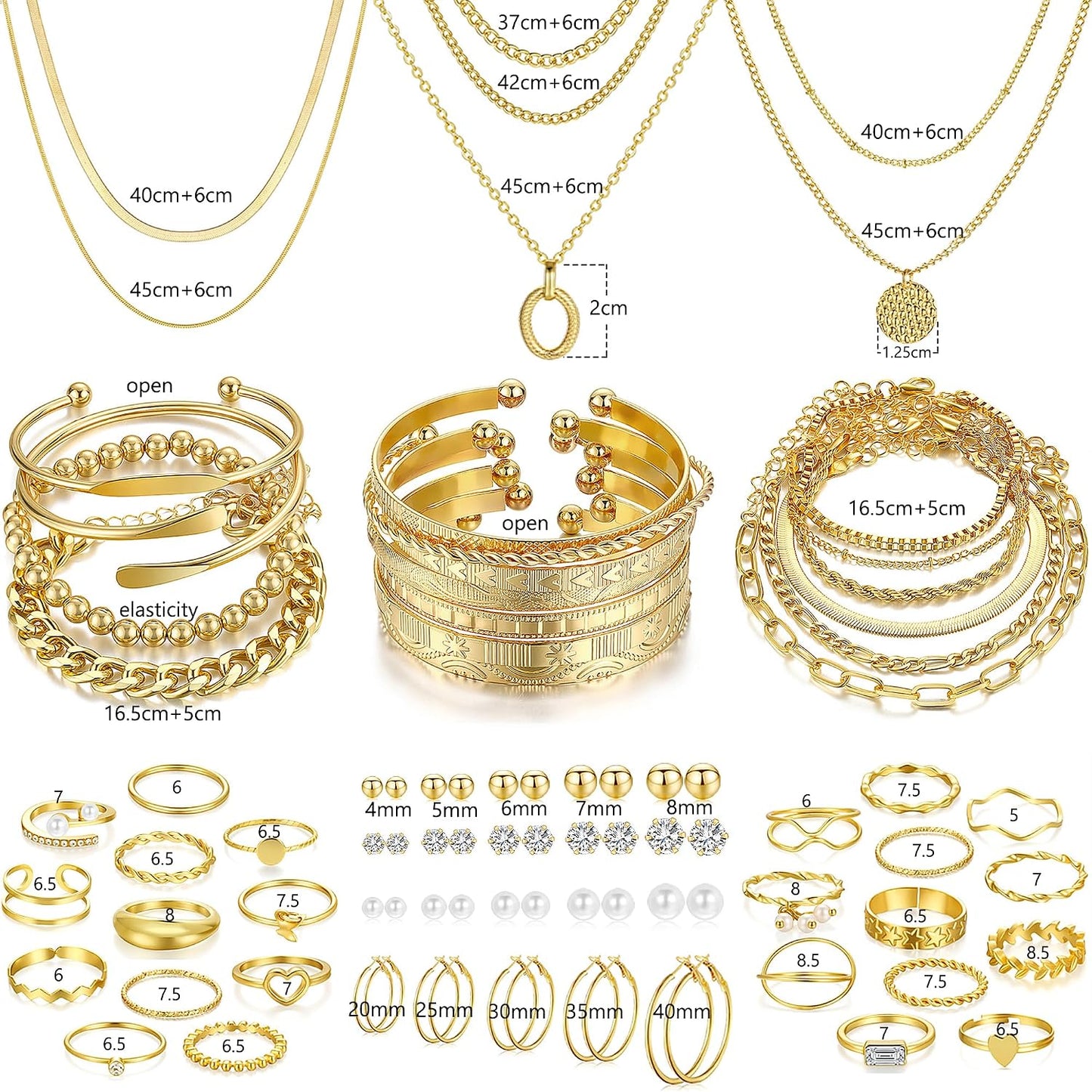 FAXHION 68 Pcs Gold Jewelry Set for Women with 7 Necklace, 17 Bracelet, 5 Hoop Earrings, 15 Stud Earrings, 24 Knuckle Rings for Women Jewelry Set for Women Gift