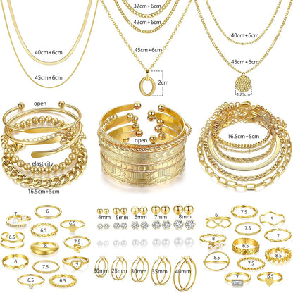 FAXHION 68 Pcs Gold Jewelry Set for Women with 7 Necklace, 17 Bracelet, 5 Hoop Earrings, 15 Stud Earrings, 24 Knuckle Rings for Women Jewelry Set for Women Gift
