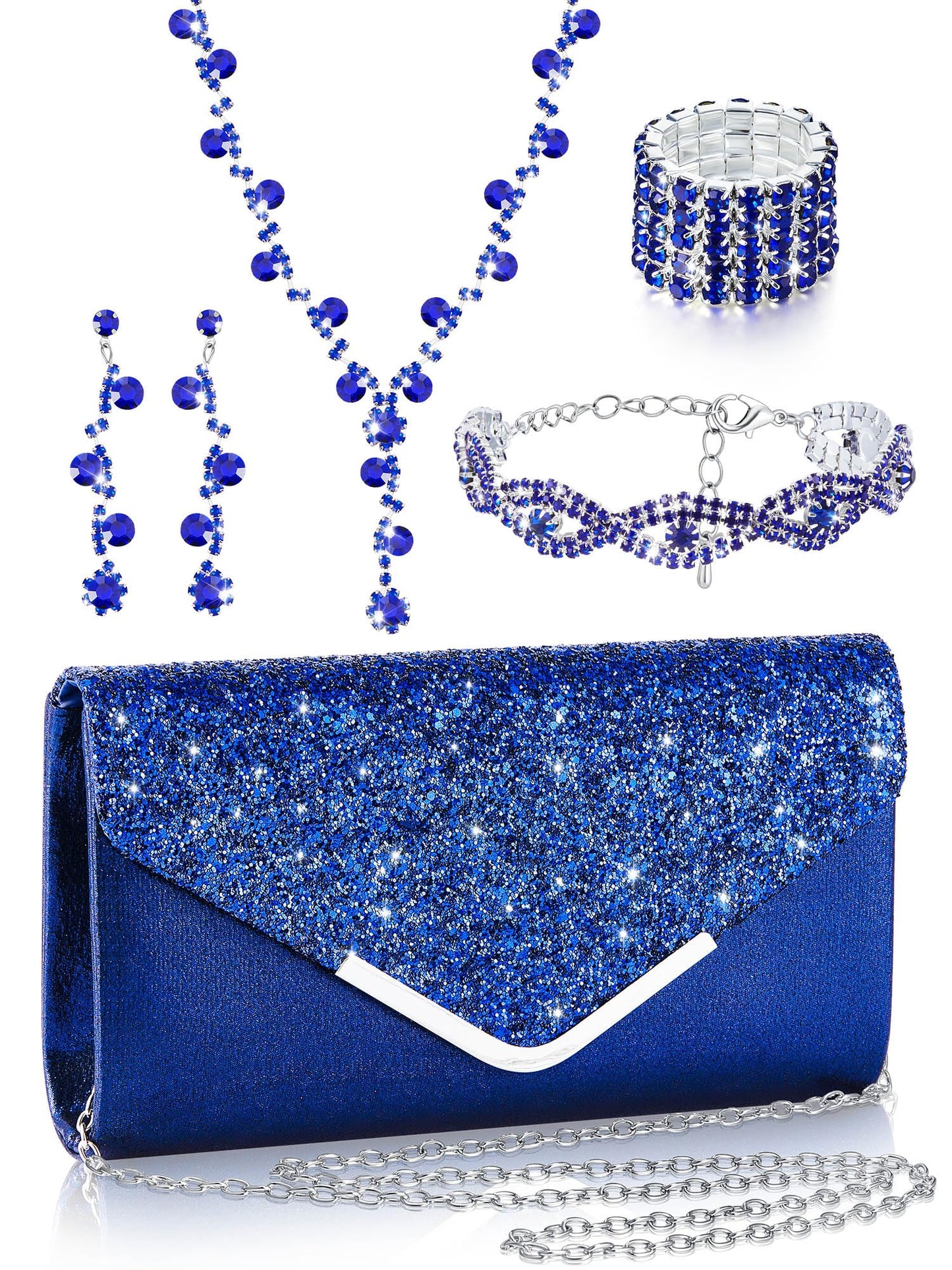 Henoyso 5 Pcs Purse Rhinestone Jewelry Set Prom Jewelry Rhinestone Clutch Purse Necklace Earrings Bracelets for Women Bride