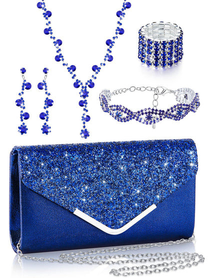 Henoyso 5 Pcs Purse Rhinestone Jewelry Set Prom Jewelry Rhinestone Clutch Purse Necklace Earrings Bracelets for Women Bride
