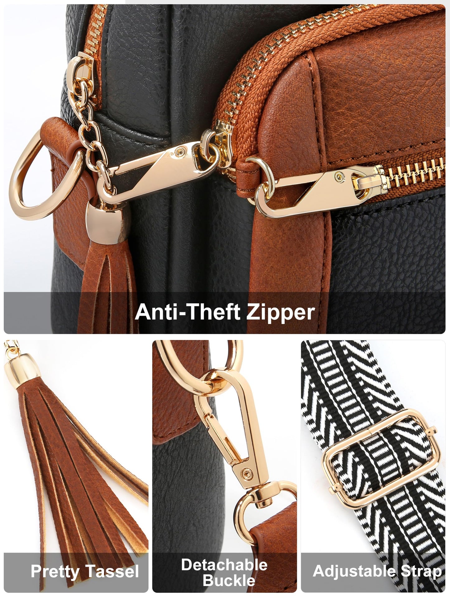 Small Leather Crossbody Bags for Women Anti theft Purses and Handbag Shoulder Hangbag with Wide Strap Tassel