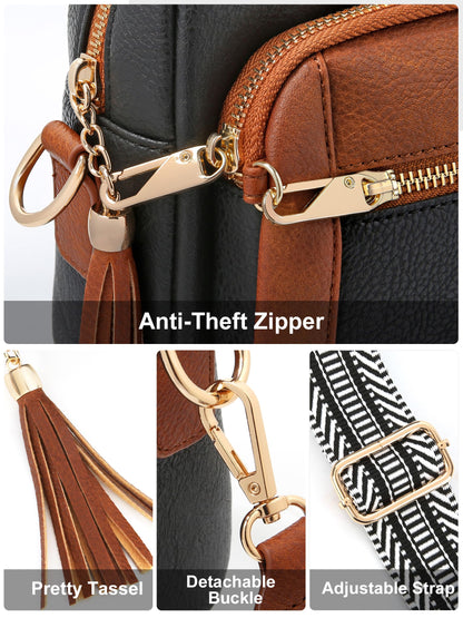 Small Leather Crossbody Bags for Women Anti theft Purses and Handbag Shoulder Hangbag with Wide Strap Tassel